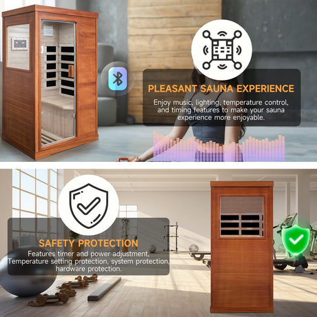 Sauna, Far Infrared Saunas for Home 1 Person Wood Sauna Okoume 800W/110V Low Emf Dry Sauna Indoor Sauna Room with Tempered Glass Door/Speakers/Air Hole and LED Lighting - 35.2*27.6*61.6 IN HOSAUNA