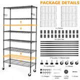 BolDuck 6 Tier Storage Shelves with Wheels, 2100lbs Capacity Heavy Duty Shelving Units, 14x36x75inch Adjustable Metal Shelf Wire Shelving Rack for Garage, Kitchen, Office, Black BolDuck