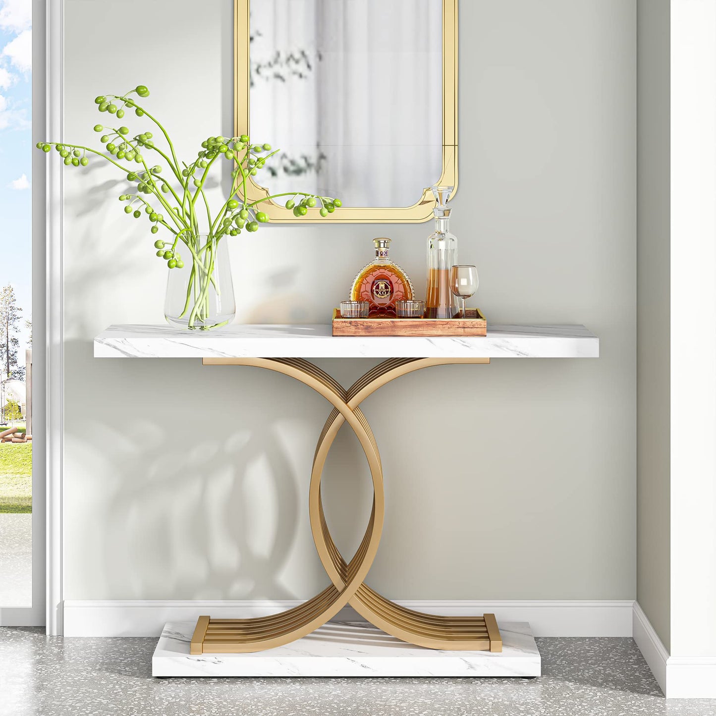 Tribesigns Gold Entryway Table, Modern 39-Inch Console/Accent Table with Geometric Metal Legs, Faux Marble Narrow Wood Sofa Table, Foyer Table for Entrance, Living Room (Gold & White) - WoodArtSupply