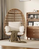 FinerFurnis Outdoor 360° Swivel Egg Chair - Oversized Egg-Shaped Lounge Chair, Steel Frame, 4 Thick Cushions, Patio Rotating Wicker Egg Basket, Indoor Outdoor Porch Living Room, Beige FinerFurnis