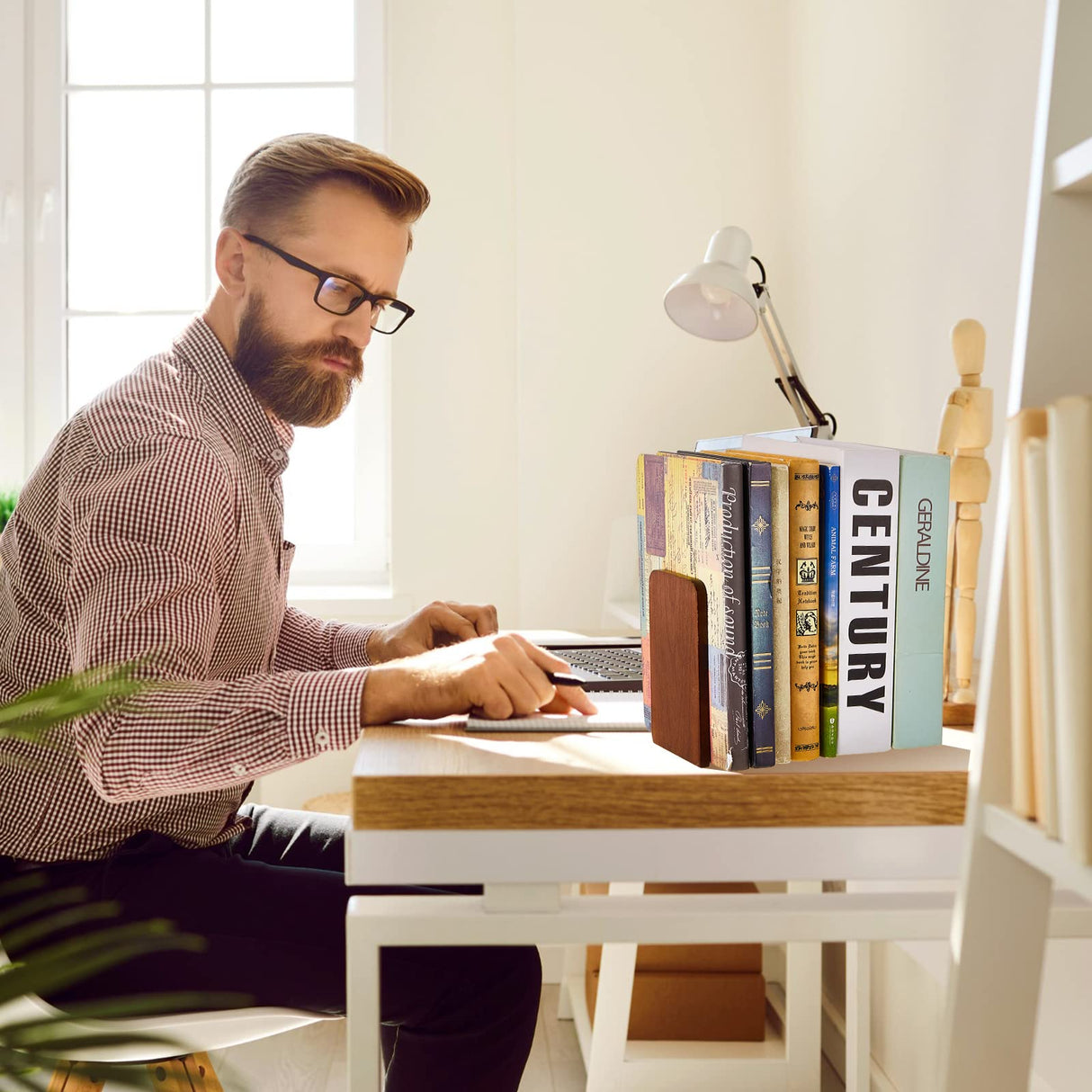Eaasty 4 Pairs Wood Book Ends Walnut Bookends 5.2 x 3.2 x 4.2 Inches Sturdy Book Stoppers Book Holder Office Desk Decor Wood Desk Accessories Large Office Book Stand for Books, Decorative Book Shelf Eaasty