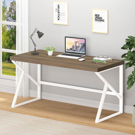 HSH Farmhouse Desk, Modern Home Office Desk, Student Desk for Bedroom Computer Table, Rustic Wood and Metal PC Laptop Computer Desk, Simple Writing Study Gaming Desk Executive Workstation, 55 Inch HSH