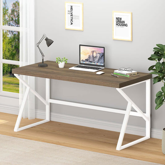 HSH Farmhouse Desk, Modern Home Office Desk, Student Desk for Bedroom Computer Table, Rustic Wood and Metal PC Laptop Computer Desk, Simple Writing Study Gaming Desk Executive Workstation, 55 - WoodArtSupply