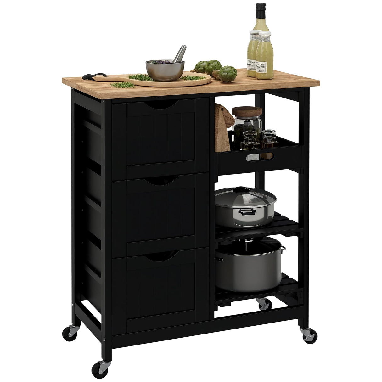 HOMCOM Rolling Kitchen Island Cart, Bar Serving Cart, Compact Trolley on Wheels with Wood Top, Shelves & Drawers for Home Dining Area, Black HOMCOM