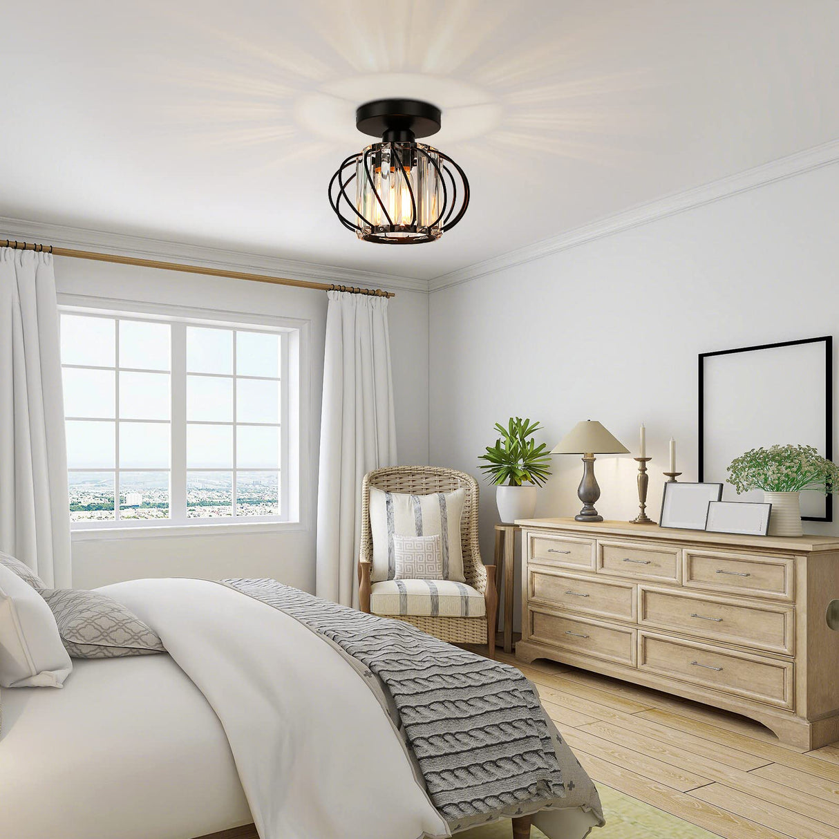 FRIDEKO HOME 2-Pack Semi Flush Mount Ceiling Light - Small Crystal Chandelier Hallway Black Metal Cage Modern Light Fixture for Entryway Bedroom Porch Kitchen FRIDEKO HOME