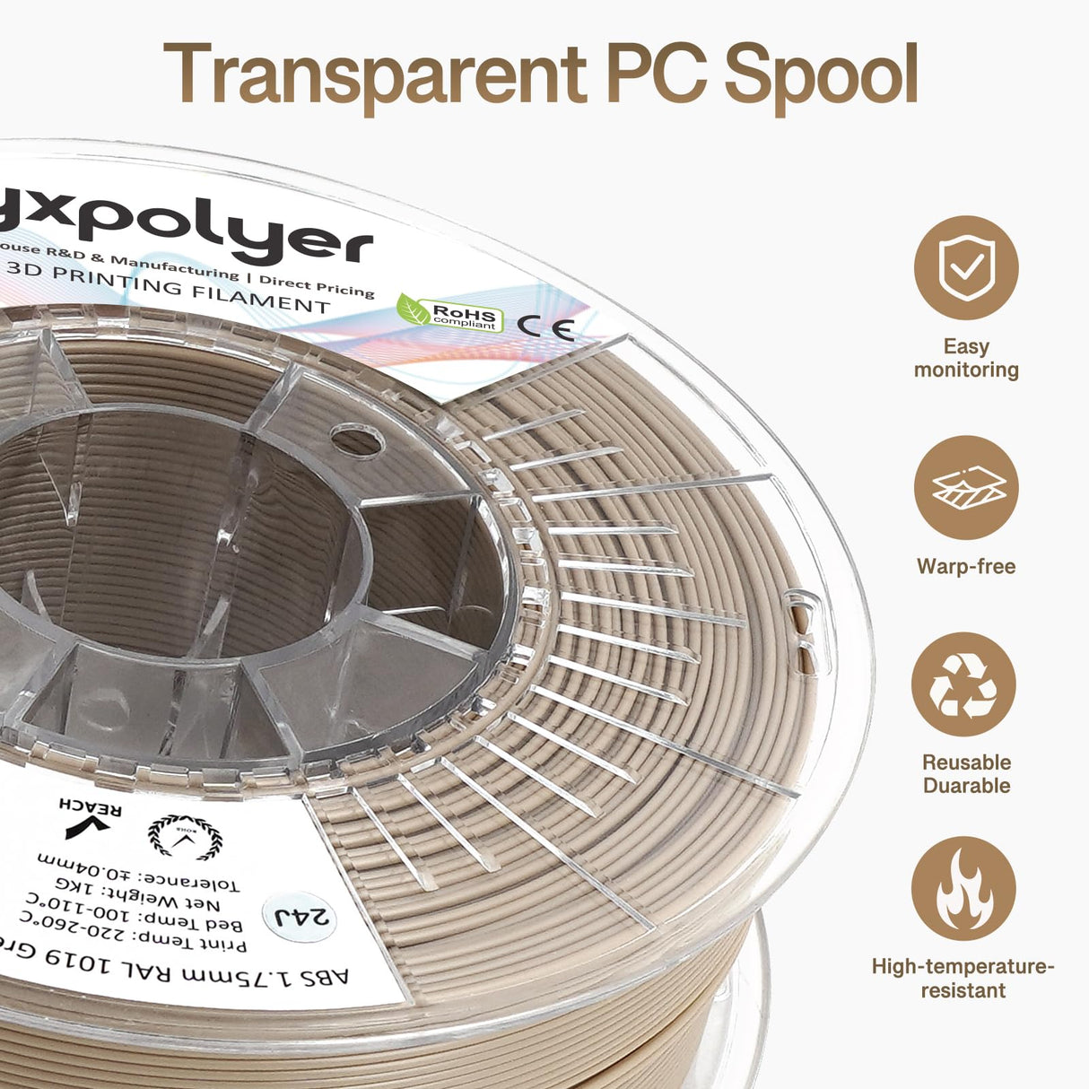 YXPOLYER ABS Filament Marble Series 3D Printing Filament 1.75mm 1kg, Grey Beige Textured Tan 3D Printer Filament High-Heat, High-Strength & Moisture-Resistant, with Upgrade AMS-Compatible Spool yxpolyer