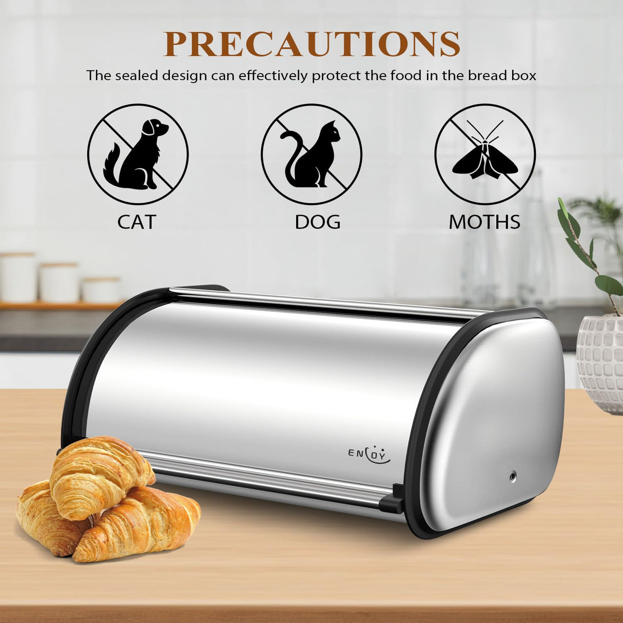 ENLOY Bread Box for Kitchen Counter, Stainless Steel Roll Top Bread Bin, Sliver Bread Storage Holder with Lid, Large Capacity Bread Keeper, 17 x 11 x 7 Inches ENLOY