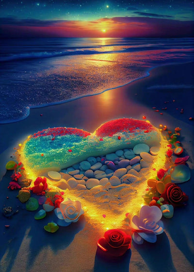 KINPLUB Heart Beach Diamond Painting Kits for Adults, 5D Sunset Diamond Art Kits for Beginners, DIY Full Drill Seaside Paint with Round Diamond Dots, Home Wall Decor 12 x 16 Inch
