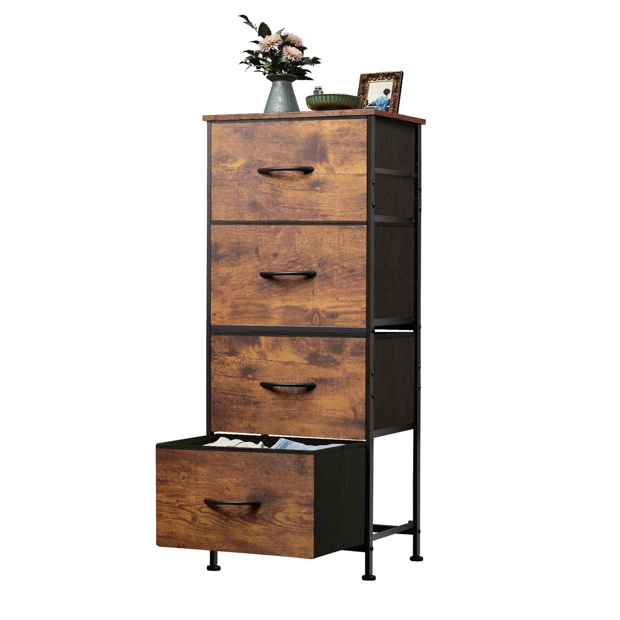 WLIVE Dresser with 4 Drawers, Fabric Storage Tower, Organizer Unit for Bedroom, Hallway, Entryway, Closets, Sturdy Steel Frame, Wood Top, Easy Pull Handle, Rustic Brown Wood Grain Print WLIVE