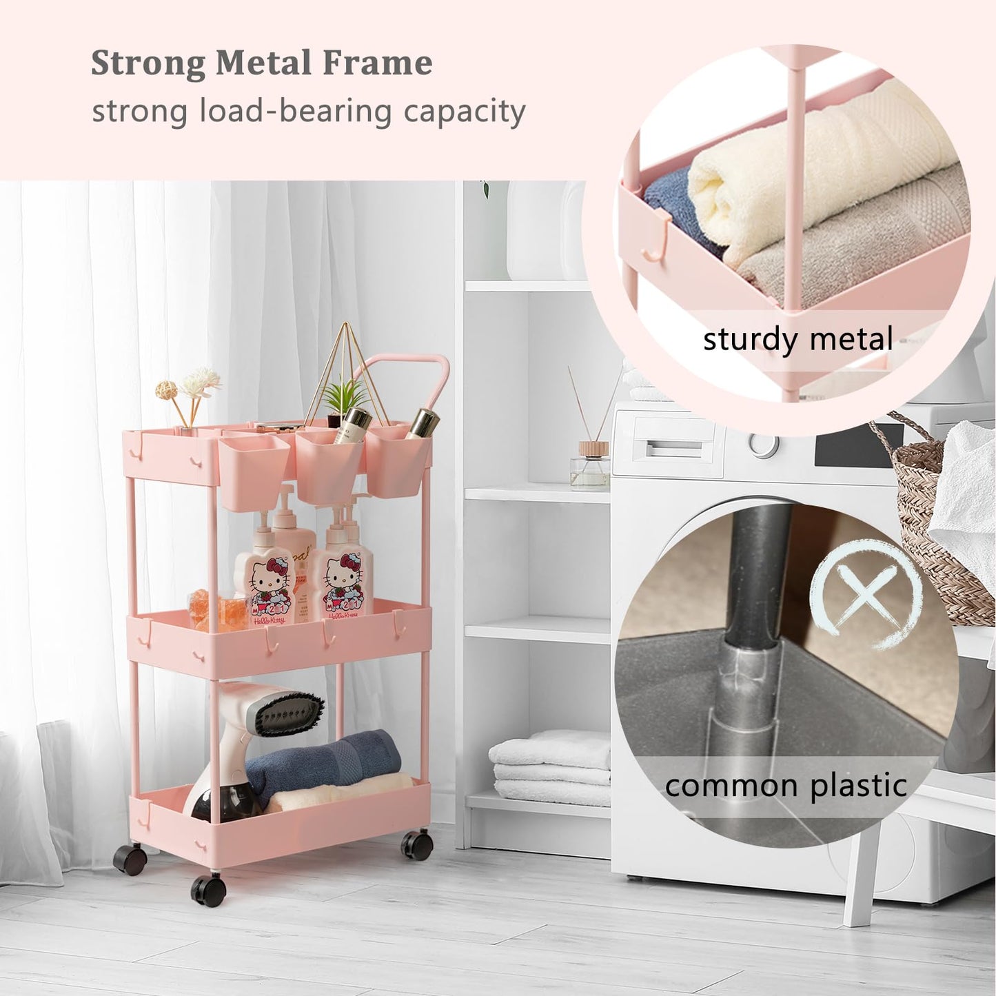 danpinera Slim Storage Cart, 3 Tier Narrow Rolling Cart on Wheels Bathroom Organizer Cart with Dividers Handle Hanging Cups Hooks for Laundry Room Kitchen Small Spaces, Pink