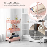 danpinera Slim Storage Cart, 3 Tier Narrow Rolling Cart on Wheels Bathroom Organizer Cart with Dividers Handle Hanging Cups Hooks for Laundry Room Kitchen Small Spaces, Pink danpinera