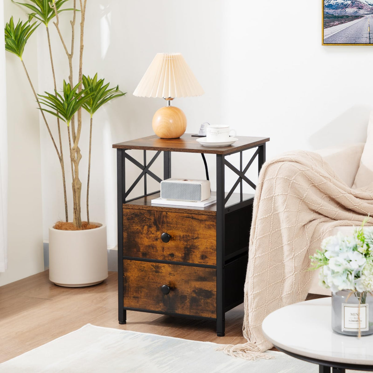 AMHANCIBLE Night Stand Set 2, Nightstand with Charging Station, End Tables Living Room with USB Ports and Outlets, Bedside Tables with Fabric Drawers for Bedroom, Rustic Brown HET05XBR AMHANCIBLE