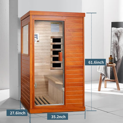 Sauna, Far Infrared Saunas for Home 1 Person Wood Sauna Okoume 800W/110V Low Emf Dry Sauna Indoor Sauna Room with Tempered Glass Door/Speakers/Air Hole and LED Lighting - 35.2*27.6*61.6 IN