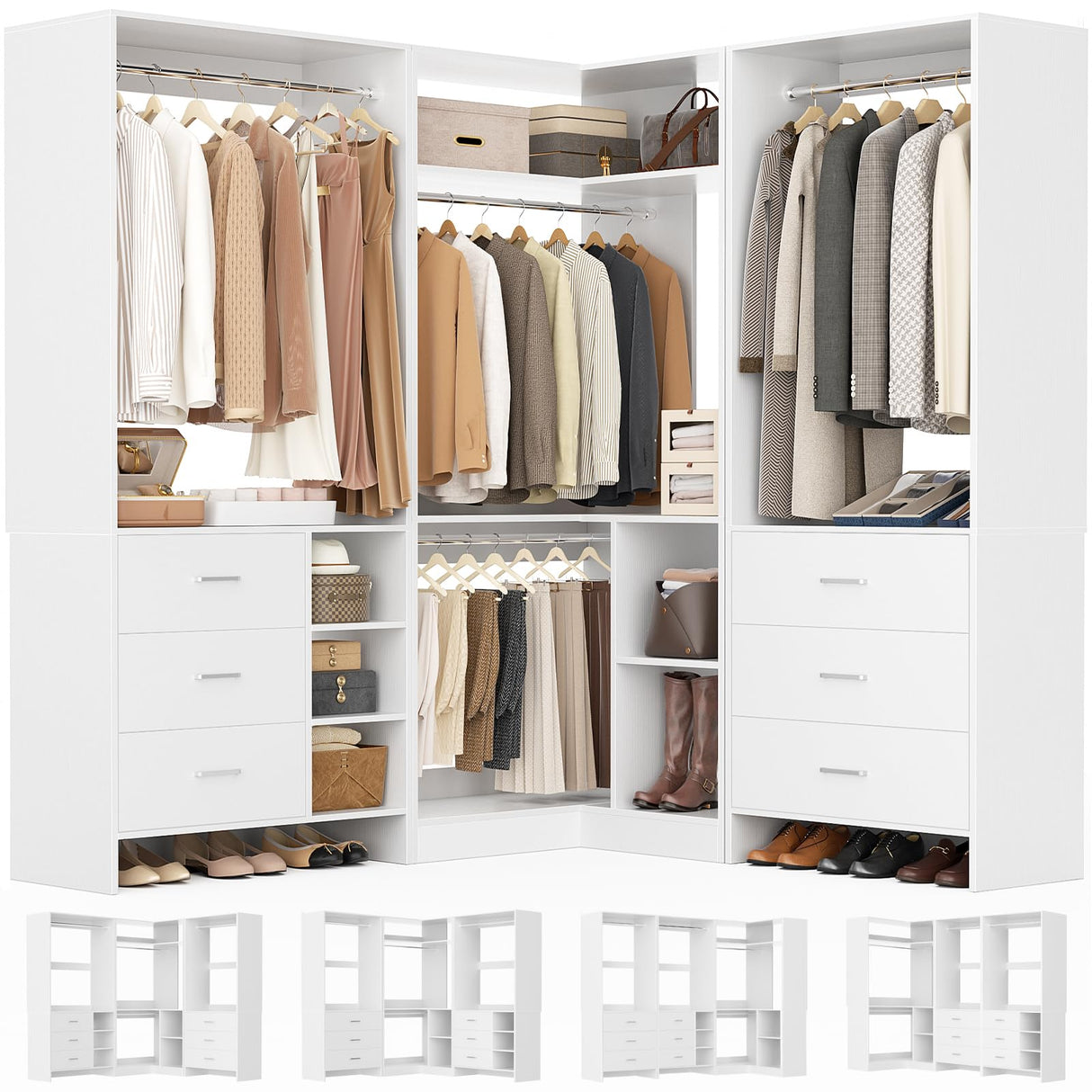 Aheaplus Closet System with 3 Sets, 86.8" Closet Organizer System with 6 Drawers & 4 Hanging Rods, L Shaped Walk-in Closets, Wardrobe Set, Corner Tower, Garment Rack Load 2000+LBS, -X1,White Aheaplus