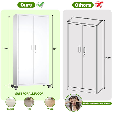 JAORD Garage Storage Cabinets with Wheels, Metal Storage Cabinet with Locking Doors and 4 Adjustable Shelves for Garage Home, Assembly Required, 73" H, White JAORD