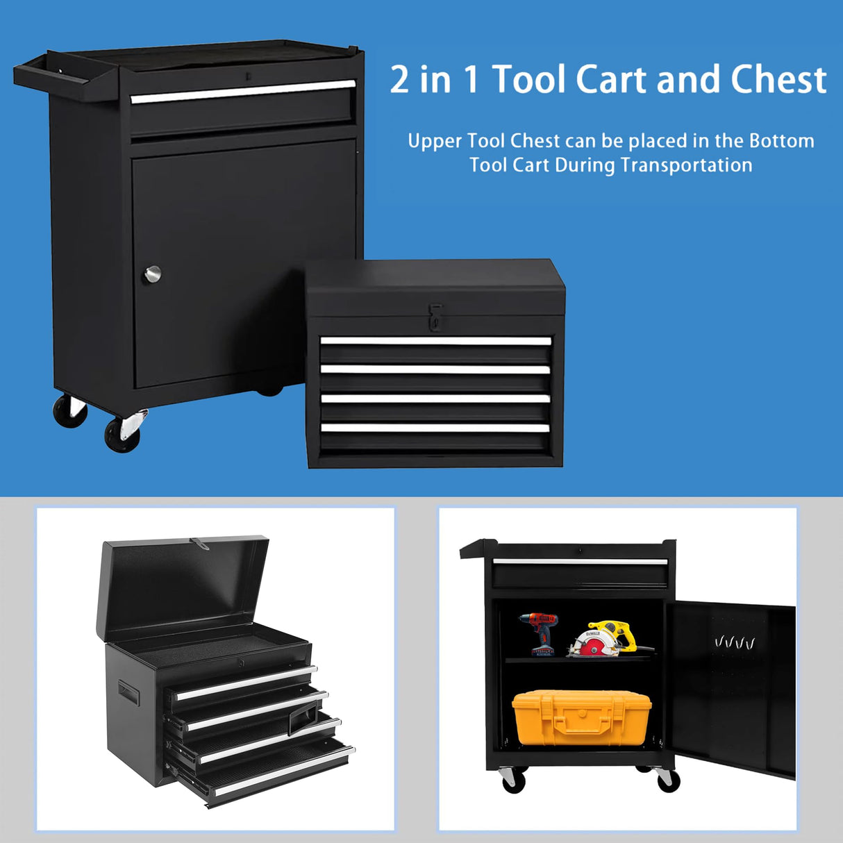 SumKea Wheels, Box, 5 Drawer Rolling Tool Chest and 2 Lockers, Detachable Storage Cabinet, for Garage Warehouse Workshop, Black SumKea