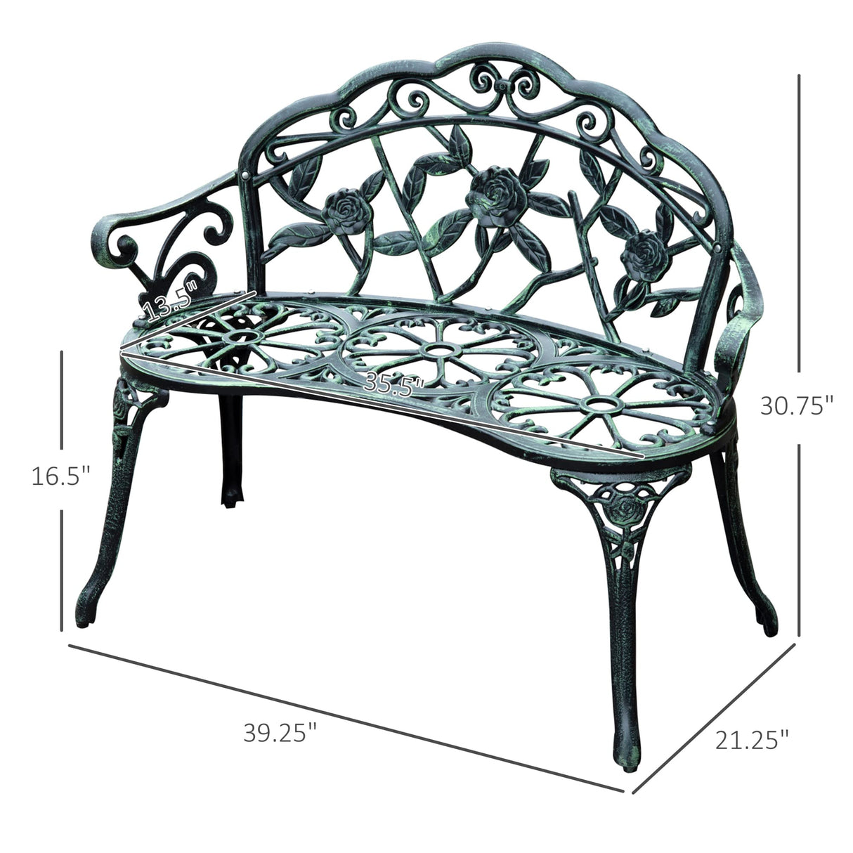 Outsunny Outdoor Bench, Cast Aluminum Outdoor Furniture, Metal Bench with Floral Rose Accent & Antique Finish, Green Outsunny