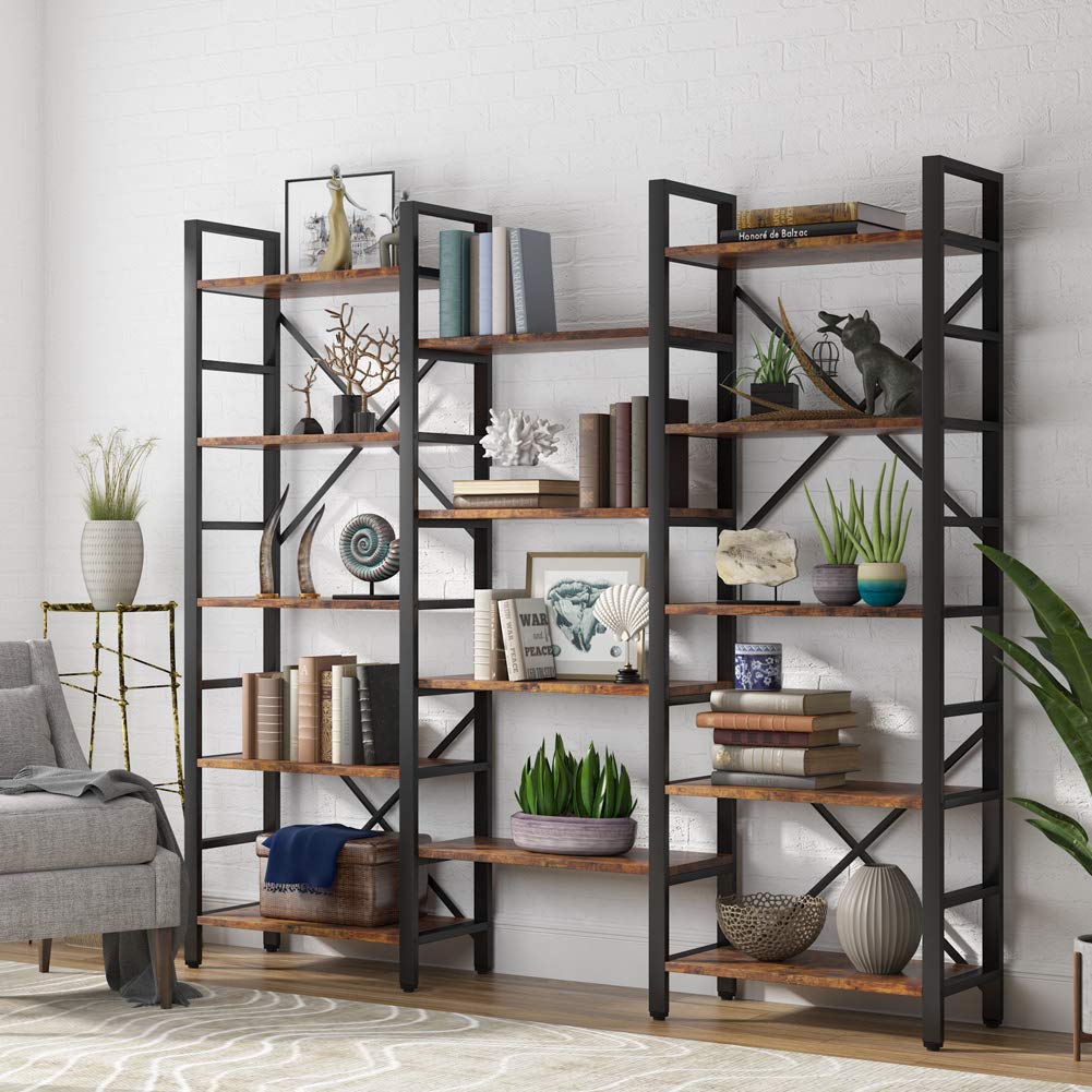Tribesigns Vintage Brown Triple Wide 5-Shelf Etagere Bookcase - Industrial Style Wood and Metal Bookshelf for Home & Office Tribesigns