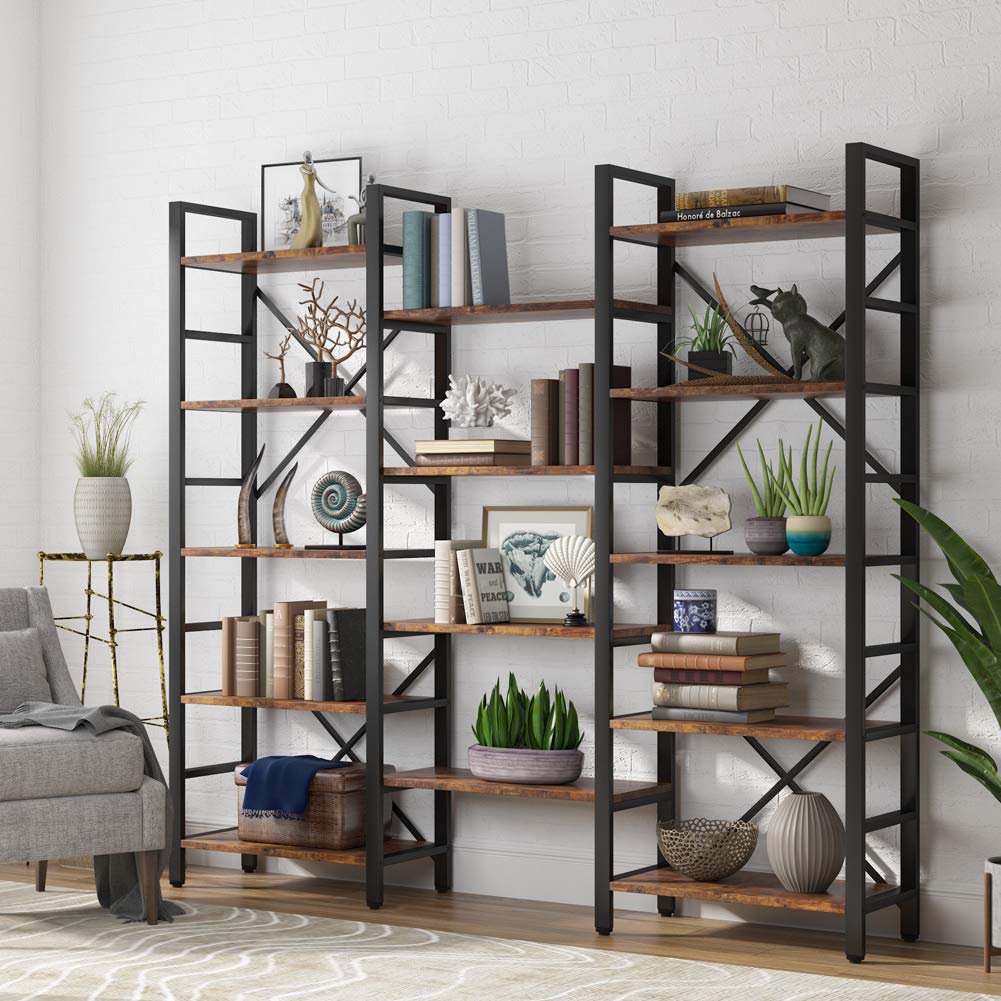 Tribesigns Vintage Brown Triple Wide 5-Shelf Etagere Bookcase - Industrial Style Wood and Metal Bookshelf for Home & Office - WoodArtSupply