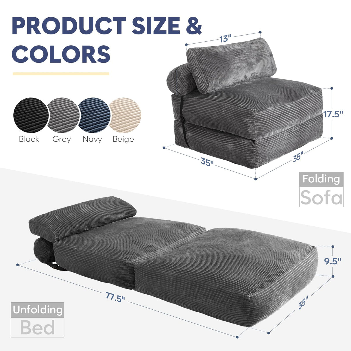 SHOUREN Folding Sofa Bed,Convertible Sleeper Chair Bed with Pillow,Foldable Futon Couch Mattress with Back Support,Portable Lazy Floor Sofa Lounger, Dark Grey, Single SHOUREN