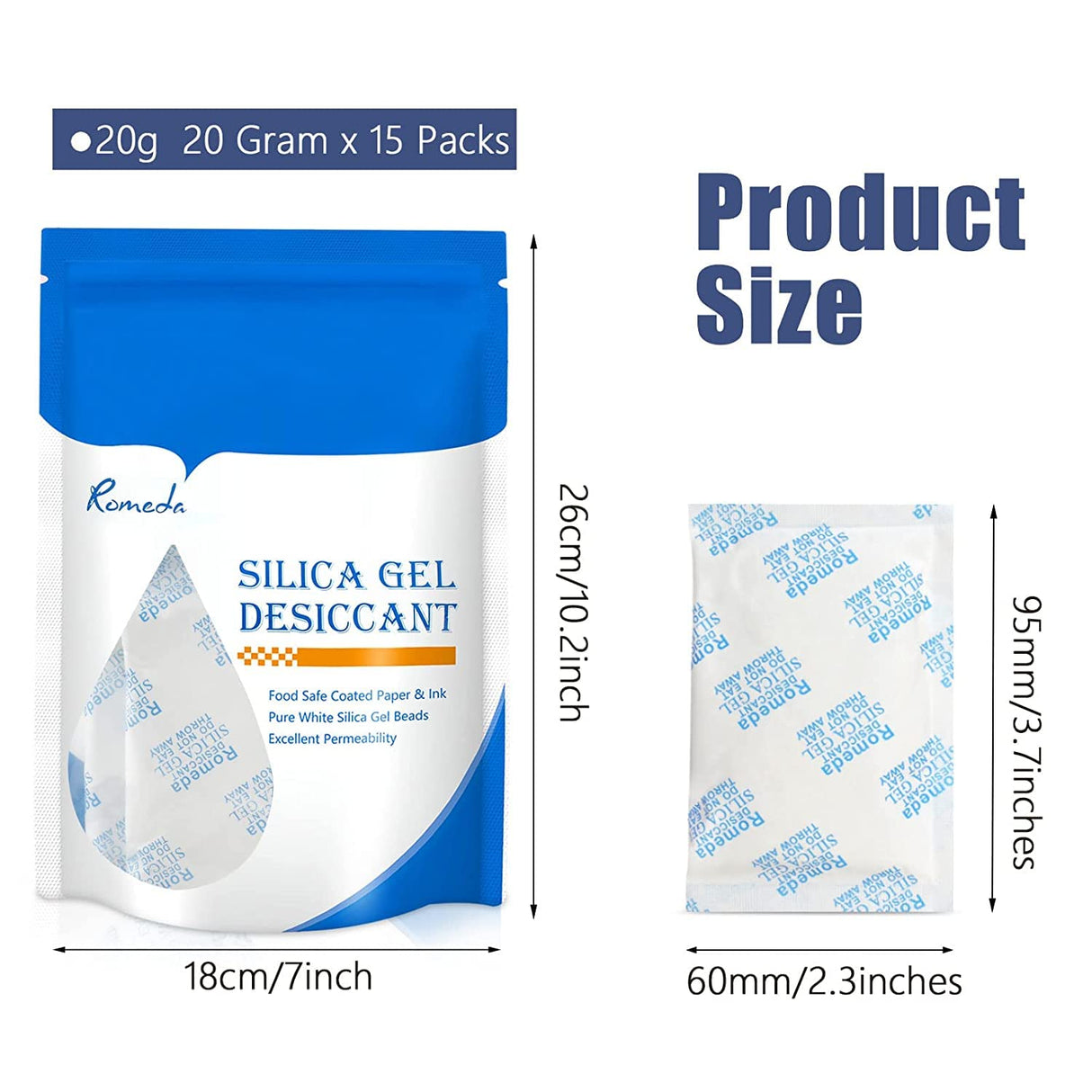15 Pcs 20 Gram Silica Gel Packs, Transparent Desiccant, Desiccant Packets for Storage, Moisture Packs for Spices Jewelry Shoes Boxes Electronics Storage Romeda