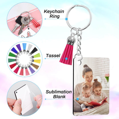 Modacraft 120Pcs Sublimation Keychain Blanks Bulk Set with Rectangle Sublimation Blanks Tassels Keychain Rings & Jump Rings for DIY Keychain Crafting