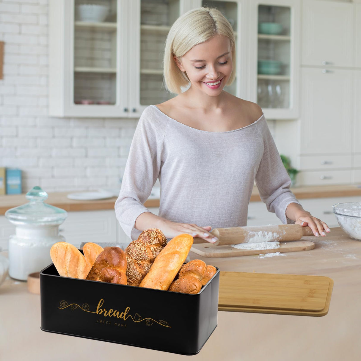 Holismo Bread Box with Bamboo Cutting Board Lid, Metal Bread Box for Kitchen Counter, Small Bread Storage Container, Black Bread bin for Kitchen Countertop Holismo