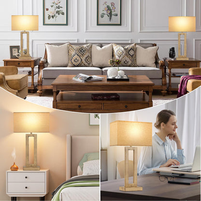 22" Tall Living Room Lamps for Night Stands - Touch Bedside Lamp with USB C+A, 3 Way Dimmable Bedroom Lamps for End Tables Set of 2, Modern Night Stand Lamps(Beige&Wood-Like)