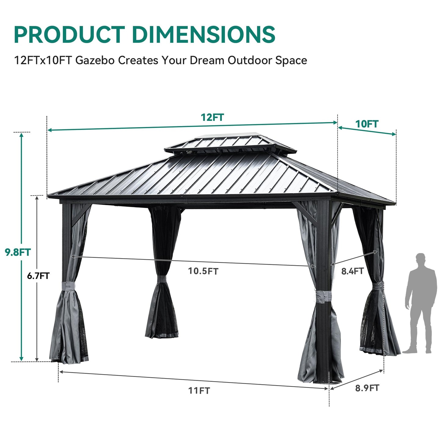 YITAHOME 10x12ft Hardtop Gazebo with Nettings and Curtains, Heavy Duty Double Roof Galvanized Steel Outdoor Combined of Vertical Stripes Roof for Patio, Backyard, Deck, Lawns, Gray