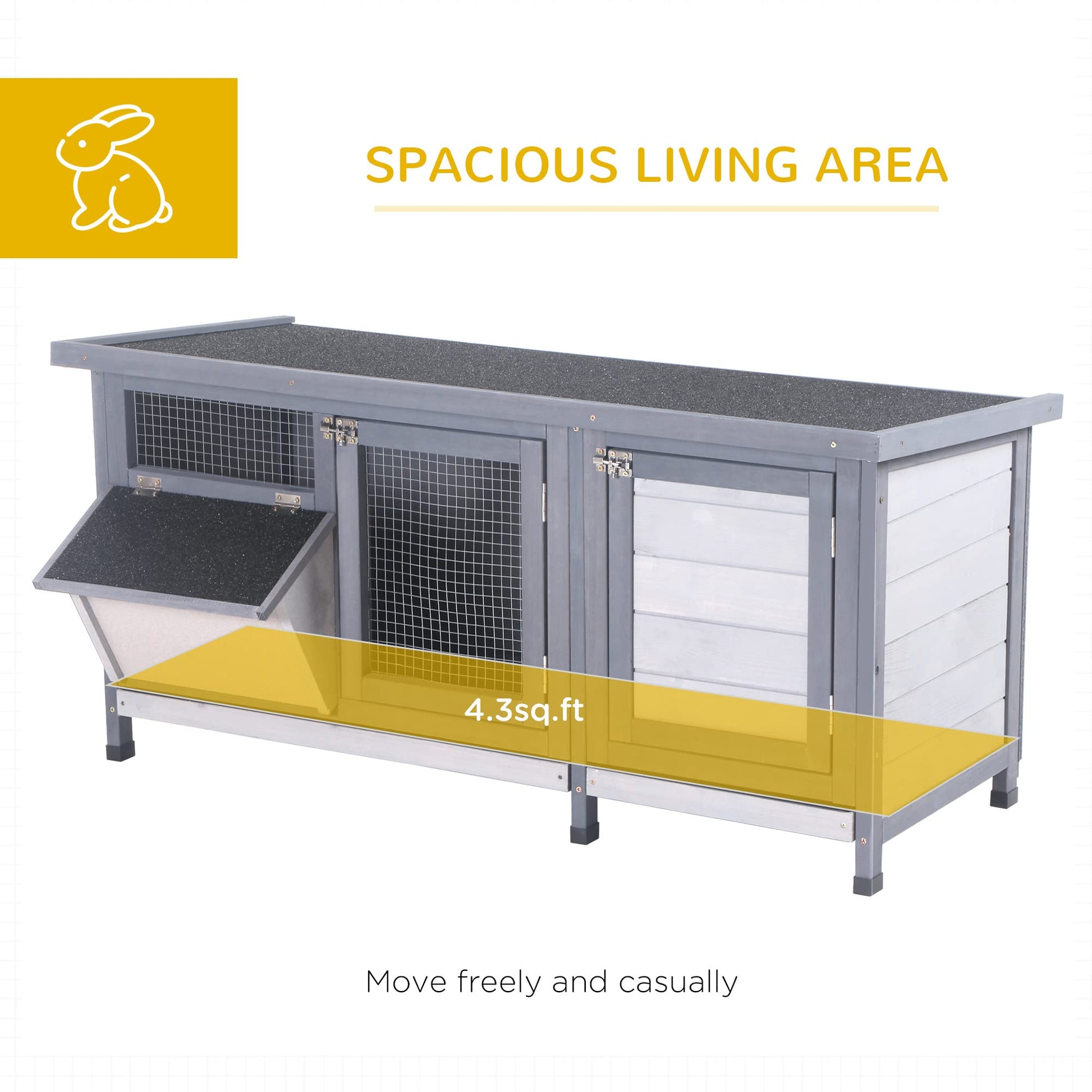 PawHut Wooden Rabbit Hutch Bunny Hutch Cage Guinea Pig with Waterproof Roof, No Leak Tray and Feeding Trough, Indoor/Outdoor, Gray - WoodArtSupply