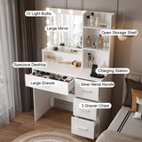 DINGIPP Makeup Vanity Desk with Lighted Mirror and Charging Station, Makeup Table with 4 Drawers & Storage Shelves, Vanity Desk 3 Color Modes Available, Bedroom Dressing Table for Women, girls (White) DINGIPP