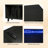 VINGLI Record Player Stand with Open Vinyl Storage, Mid-Century Album Storage Table with LED Light up to 300 Albums, Vinyl Record Player Shelf with Power Outlet for Living Room, Black VINGLI