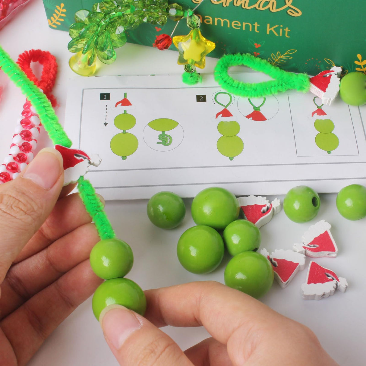 GYGOT Christmas Crafts for Kids Adults,30 Sets Christmas Beaded Ornament Kit for Kids to Make-Including 12 PCS Green Monster/6 PCS Tree/12 PCS Candy Cane,Christmas Tree Decorations (Assembly Needed) GYGOT