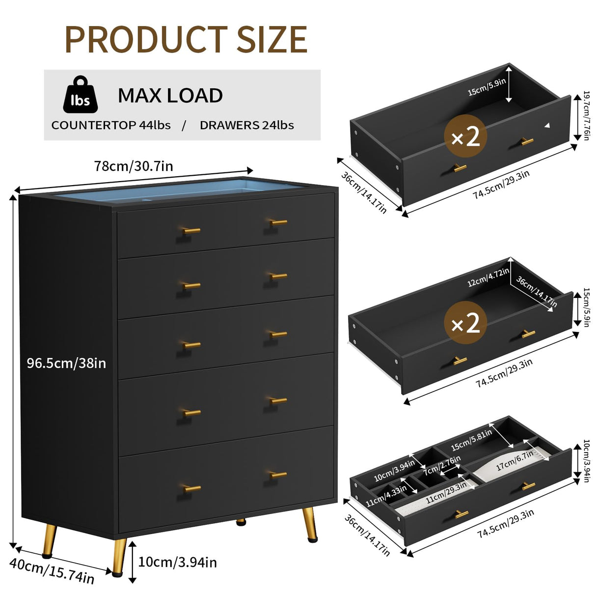 JanflyHome Drawer Dresser with LED Lights, 39" H Tall Tempered Glass Top Dresser, Modern Wood Chest of Drawers with Jewelry Organizer, Wardrobe Closet Island for Bedroom, Living Room, Black JanflyHome