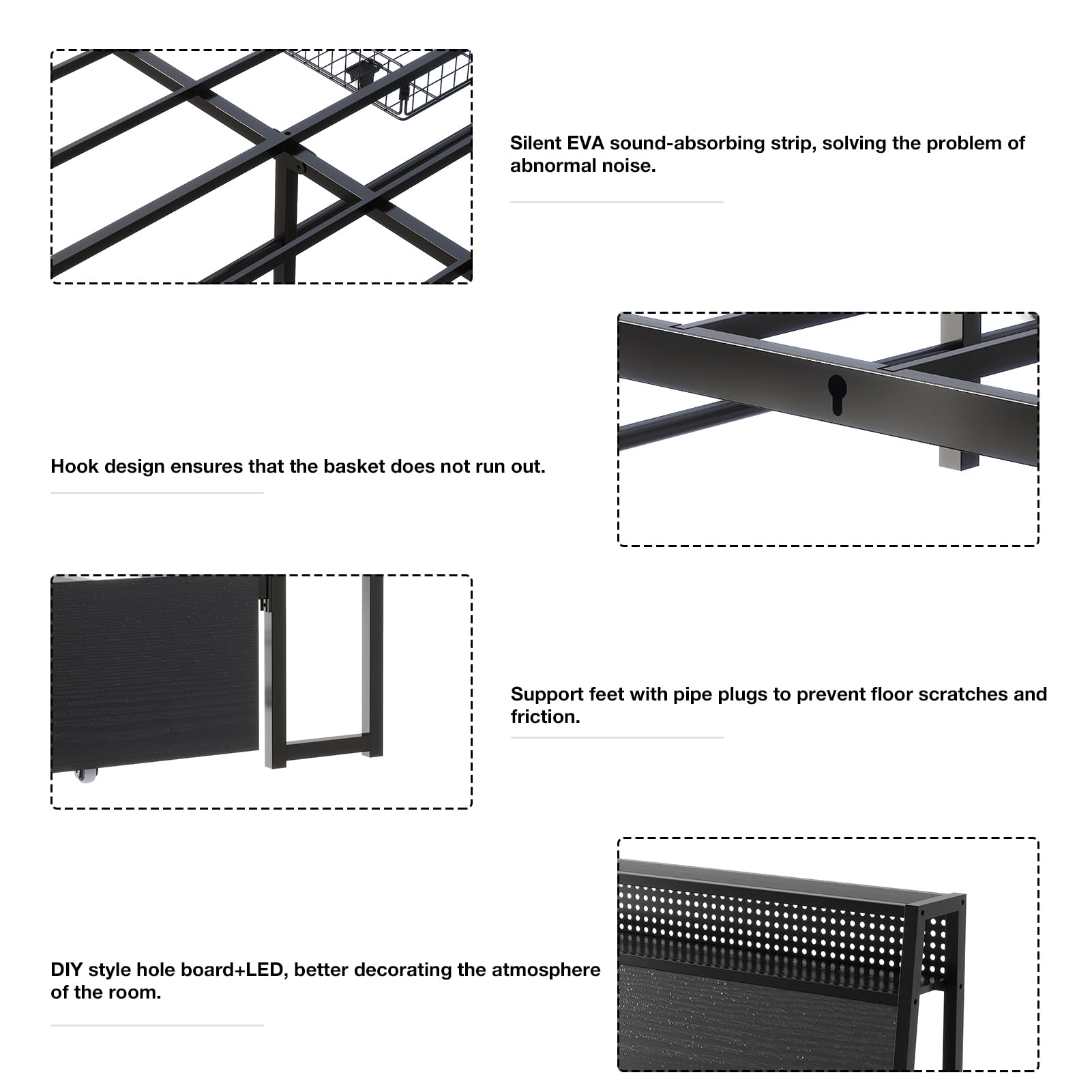 EtherealZYF Black Queen Bed Frame with LED Headboard, Charging Station & 4 Storage Drawers - WoodArtSupply