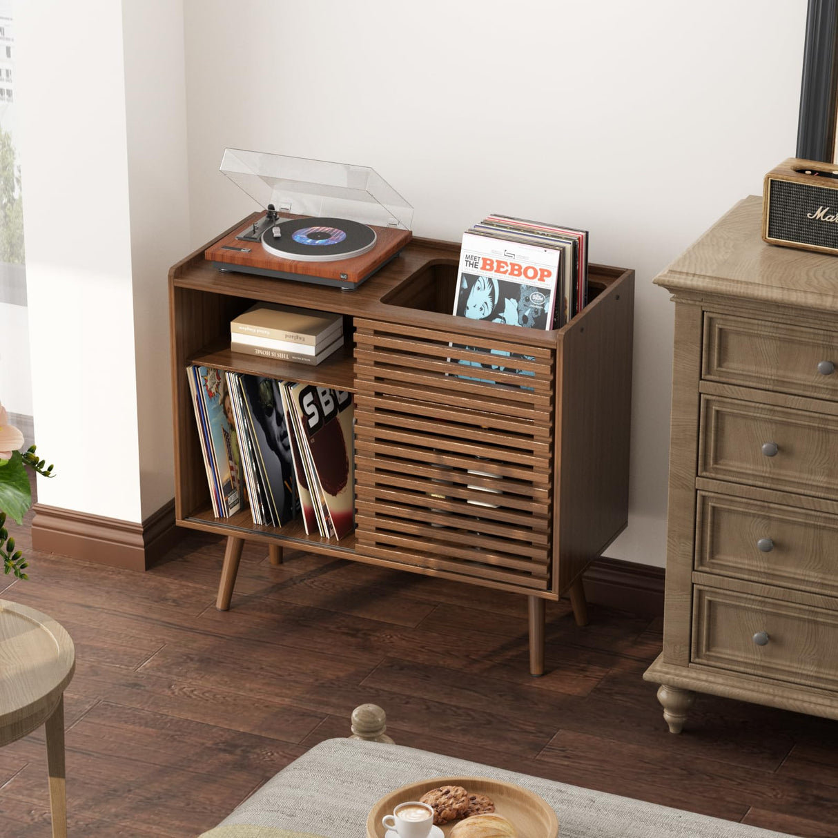 Mid Century Modern Record Player Stand with Power Outlet and Storage Cabinet, Slide Door for Bedroom and Living Room Halitaa
