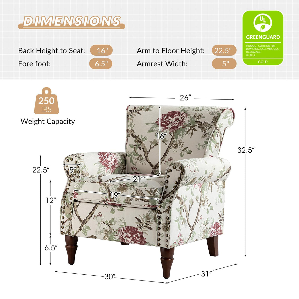 HULALA HOME Modern Wingback Accent Chair with Wood Legs & Removable Cushion, Comfy Upholstered Armchair with Nailhead Trim, Floral Pattern Sofa Chair for Bedroom Living Room, Floral HULALA HOME