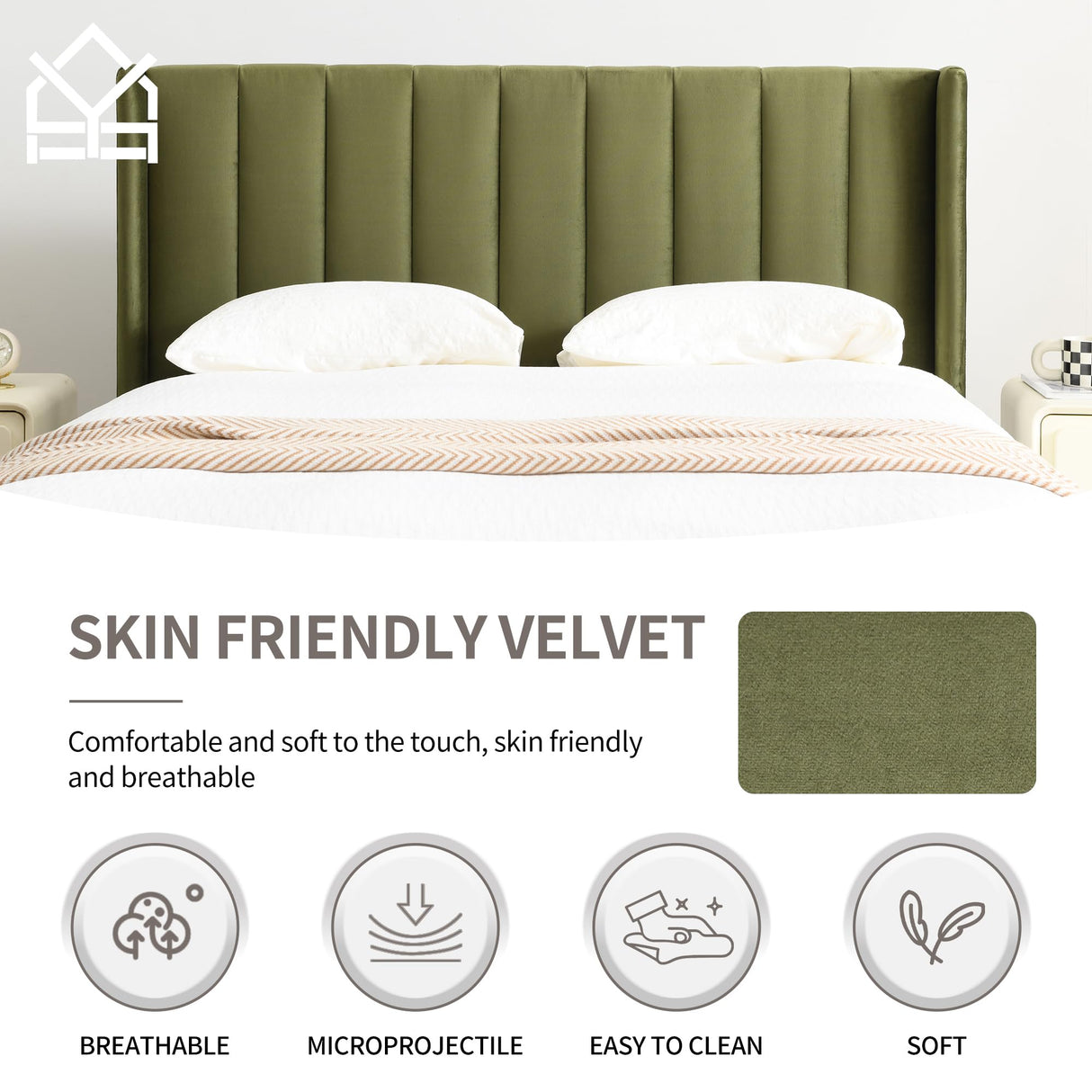 YUHUASHI upholstered Platform Bed Frame/King Bed Frame/Modern Geometric Double-Wing Design headboard/Velvet Fabric/Easy to Assemble no Noise (Grass Green, King (U.S. Standard)) YUHUASHI