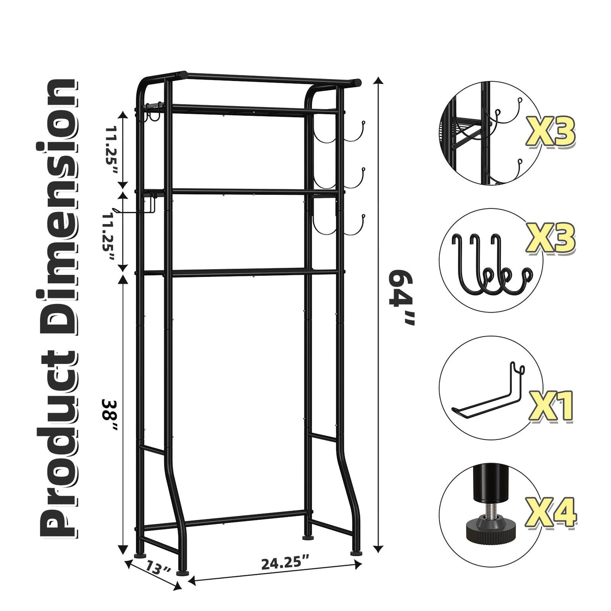 Simple Trending 3 Tier Over The Toilet Rack, Shelf Bathroom, Bathroom Stand Organizer Space Saver, Black Simple Trending