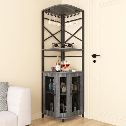 Aufvolr Bar Cabinet w/Wine Rack and Glass Holder, Corner Cabinet with Mesh Door, Corner Bar Cabinet with Adjustable Shelf, Liquor Cabinet Bar for Home (Grey