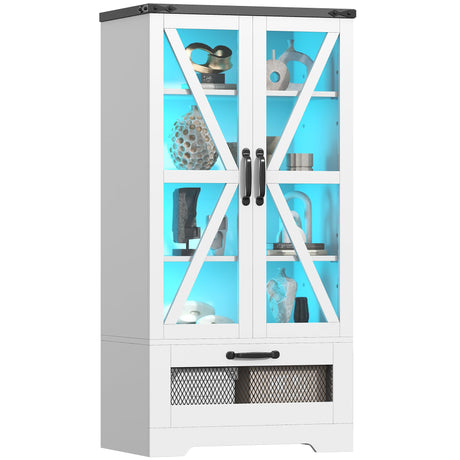 Semoic 47" Display Storage Cabinet with Adjustable Shelves，Pantry Storage Cabinet with LED Light， 4-Tier Curio Showcase with Drawer for Toys, Books, Collection, White Semoic