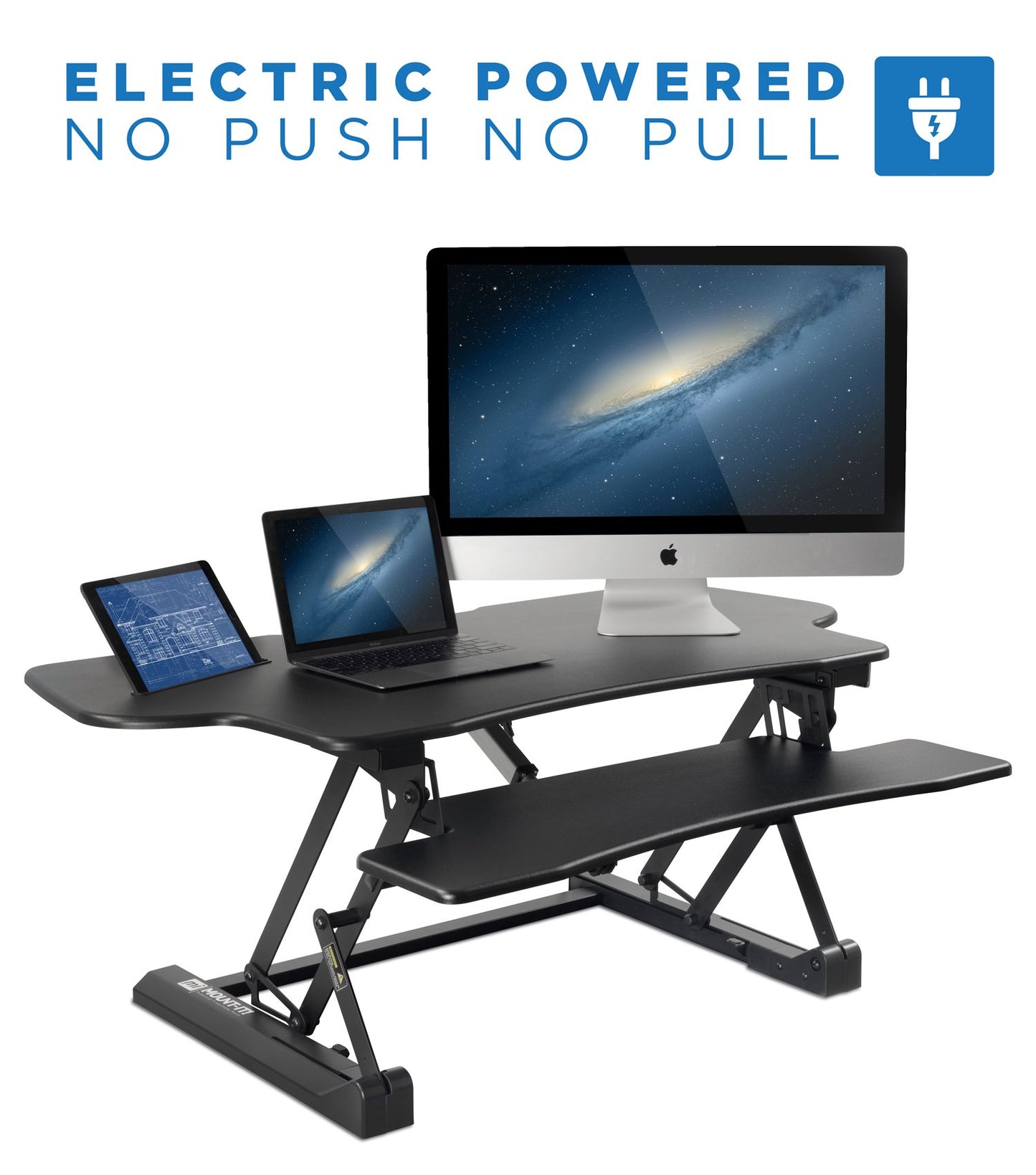 Mount-It! Adjustable Height Standing Desk Converter, Extra Large 48” Wide Tabletop for Dual Monitors, Stand Up Desk Riser to 19.25" Tall - Electric Raising Desk Convertor in Black - WoodArtSupply