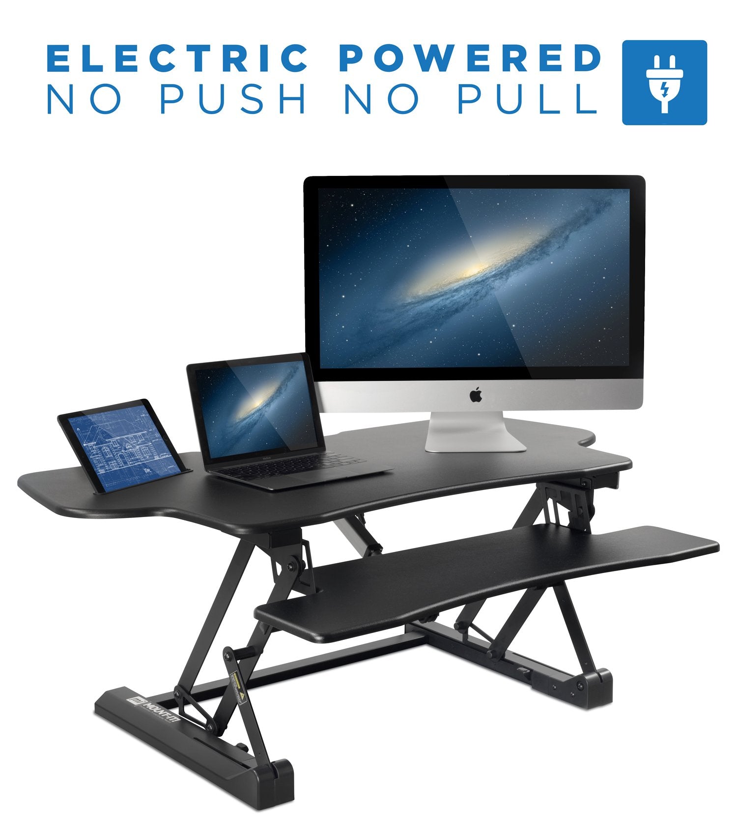 Mount-It! Adjustable Height Standing Desk Converter, Extra Large 48” Wide Tabletop for Dual Monitors, Stand Up Desk Riser to 19.25" Tall - Electric Raising Desk Convertor in Black - WoodArtSupply