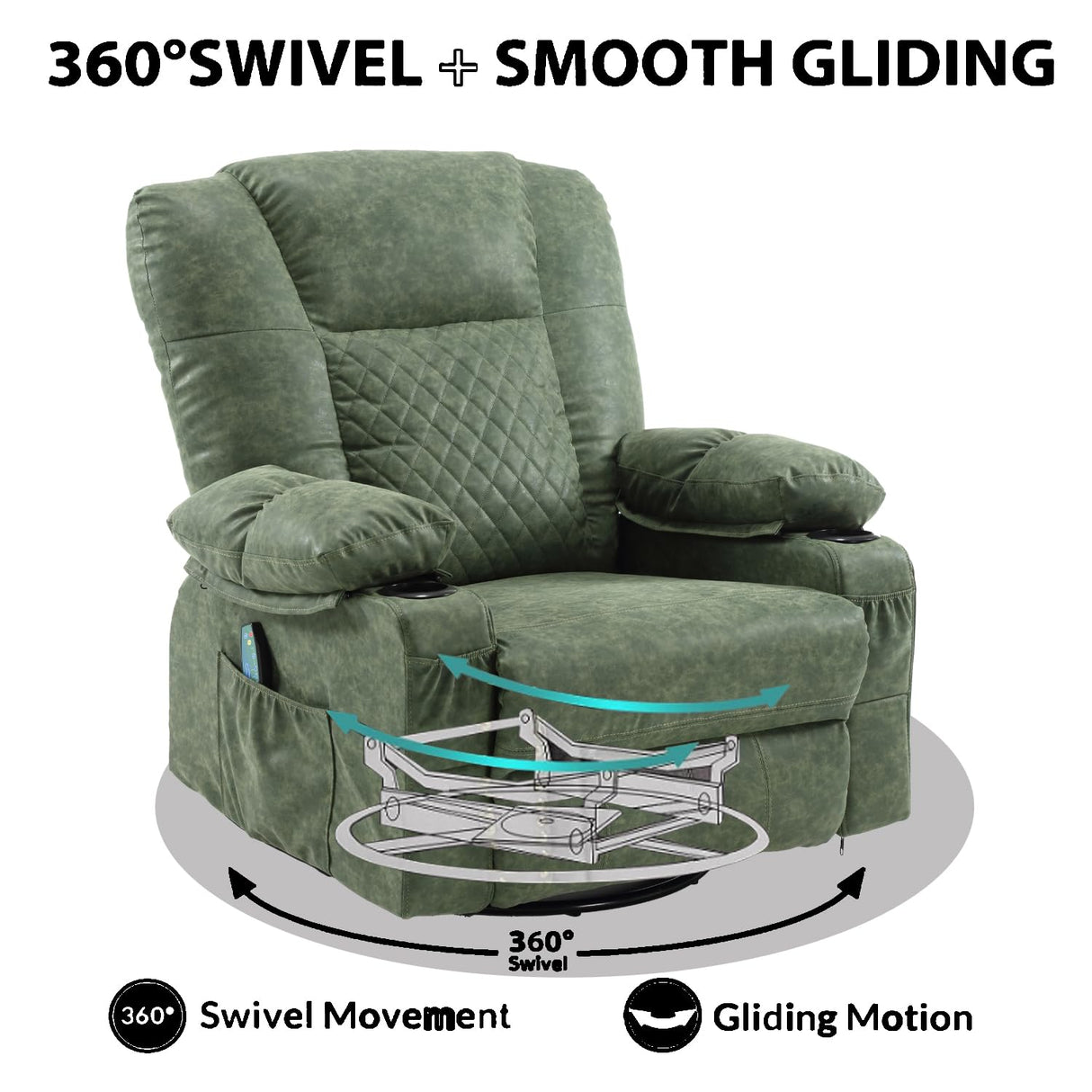 Swivel Rocker Recliner Chair for Adults with Vibration Massage, Overstuffed PU Leather Recliner with Lumbar Heat, Modern Manual Rocking Recliner with for Living Room, Home Theater, Dark Green Comermax