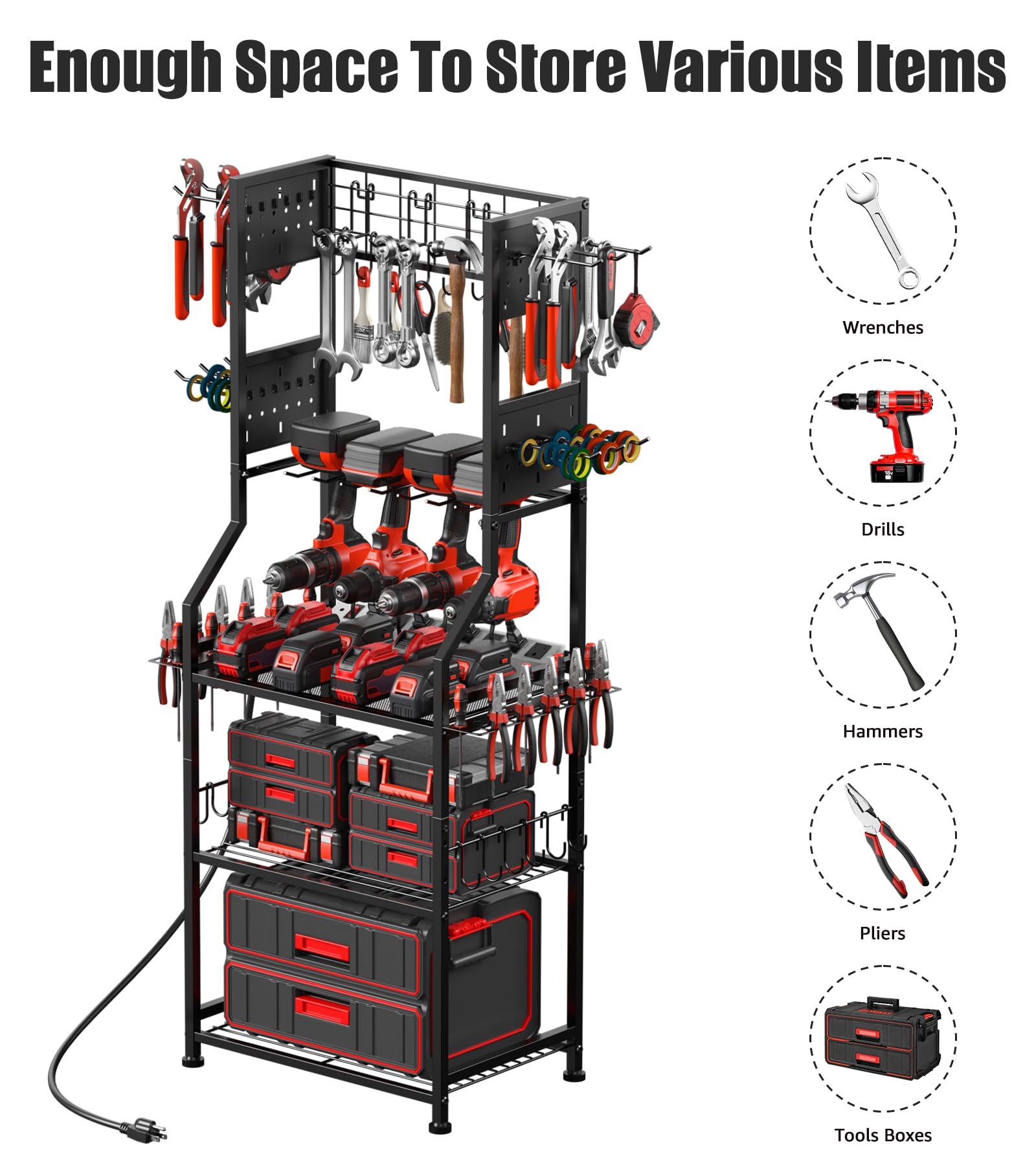 CCCEI Garage Small Power Tools Organizer Floor Stand, Drill and Battery Storage Rack with Charging Station, All Metal Tool Shelf with Pegboard and Hooks, Gift for Men. - WoodArtSupply