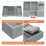 TIOPGHAD Bamboo-Silverware-Drawer-Organizer-Kitchen, Expandable Utensil Holder Cutlery Tray Flatware Organization Adjustable Wood Tableware Dividers Storage (with Removable Knife Block)(Grey) TIOPGHAD