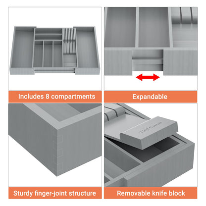 TIOPGHAD Bamboo-Silverware-Drawer-Organizer-Kitchen, Expandable Utensil Holder Cutlery Tray Flatware Organization Adjustable Wood Tableware Dividers Storage (with Removable Knife Block)(Grey)