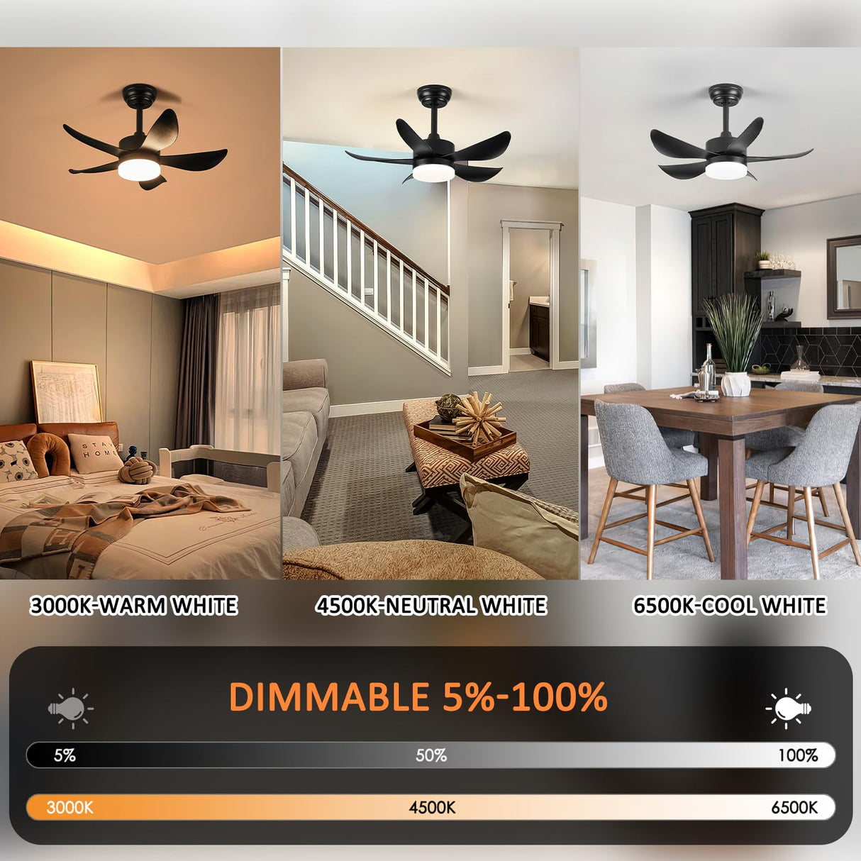 RHEAFON Ceiling Fans with Lights and Remote,30 Inch Smart Ceiling Fan,Reversible,Noiseless,Small Black Ceiling Fan for Bedroom Kitchen Indoor/Outdoor Patio RHEAFON