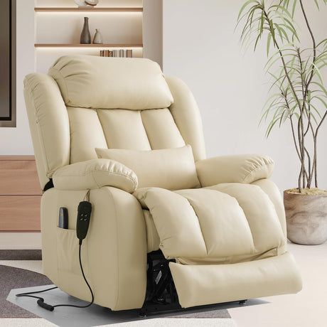 TEKAMON Power Lift Recliner Chair for Elderly with Heat & Massage, Dual Motor Breathable Leather Recliner, Lay Flat Sleeping Chairs with Infinite Position, RemoteControl(Beige, Extended) TEKAMON