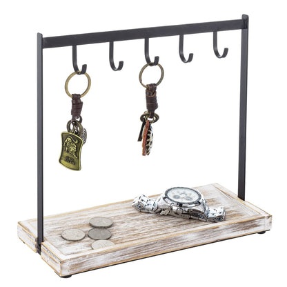 MyGift Black Metal Entryway Key Holder with 5 Hooks and Shabby Whitewashed Wood Base, Tabletop Necklace and Jewelry Organizer Rack with Ring Tray - WoodArtSupply